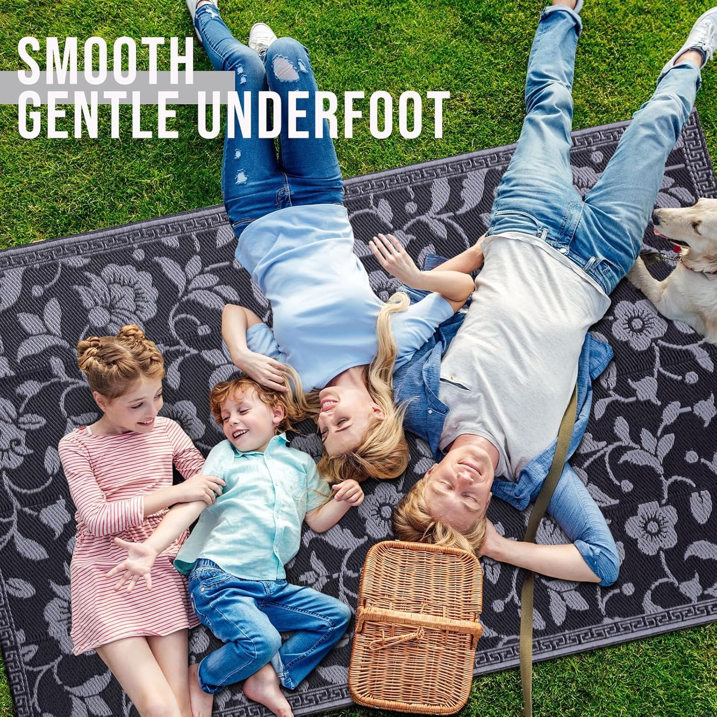 OLANLY Waterproof Outdoor Rug 5x8 ft, Outdoor Plastic Straw Rug with Flower Pattern, Reversible RV Mat for Patio, Camping, Balcony, Deck, Backyard, Black & Grey