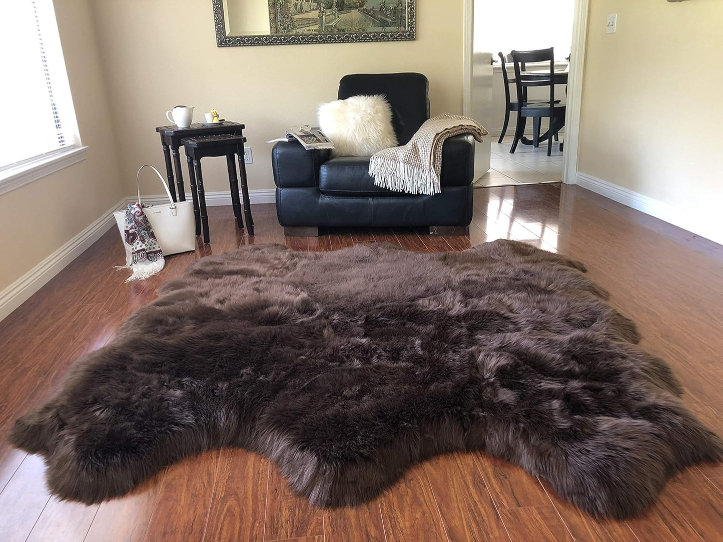 LAMBZY Faux Sheepskin Hypoallergenic Free Shape Silky Shag Rug, Luxury Shaggy Silky Plush Carpet for Bedrooms Rugs Living Room Kids Rooms Sofa Floor Rugs (Sexto 6 Pelts 6'x6',180x180 cm, Brown)