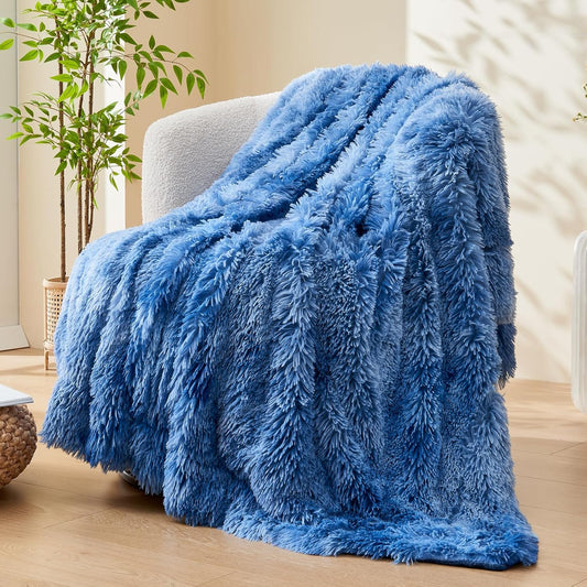 GONAAP Fuzzy Faux Fur Throw Blanket Twin Size Indigo Super Soft Cozy Plush Fuzzy Shaggy Blanket for Couch Sofa Bed (Indigo, Twin(60"x80"))