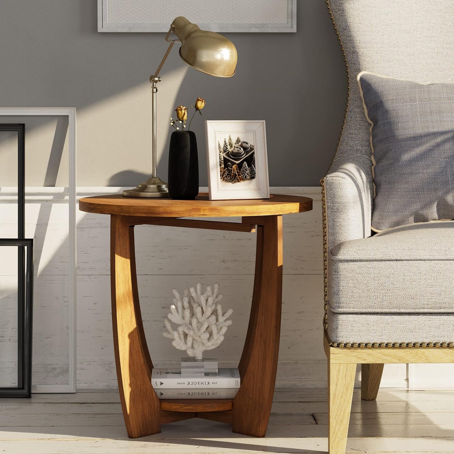 Rustic Farmhouse End Table with Storage Shelf, French Country Accent Side for Family, Dinning or Living Room, Small Spaces, Modern, Round, Vintage Caramel Brown Finish