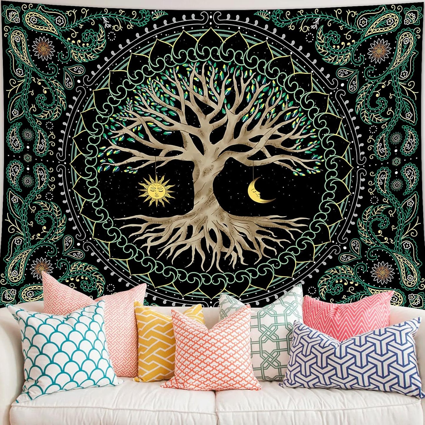 FORATER Tree of Life Tapestry Wall Hanging Aesthetic Sun and Moon Tapestry with Vintage Paisley Flowers Colorful Tree Wall Tapestries for Bedroom, Living Room, Dorm(61 x 82 inches, Multicolor)