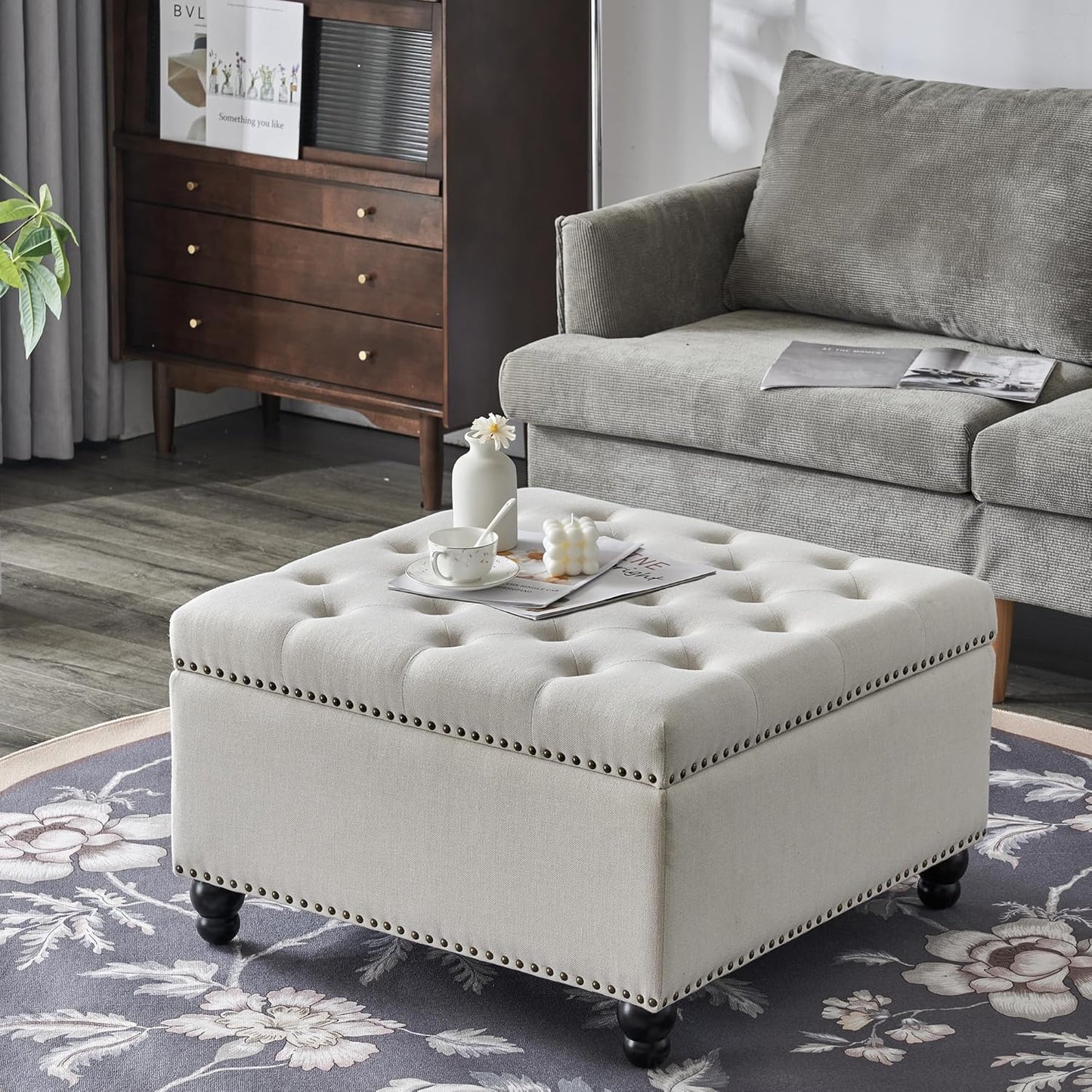 Ottoman with Storage, Large Storage Ottoman, 30 in Square Ottoman Coffee Table,Tufted Upholstered Coffee Tables for Living Room, Beige