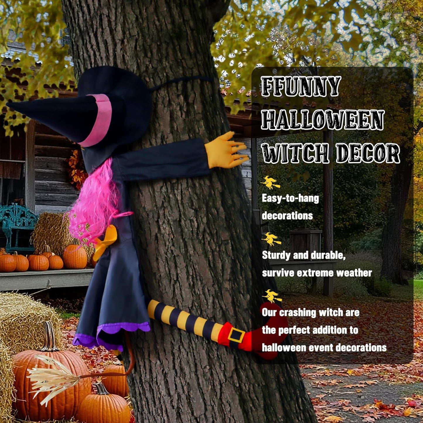 POPGIFTU 51" Halloween Crashing Witch Decoration – Pink Flying Witch for Tree, Yard, Porch, and Indoor Outdoor Halloween Décor