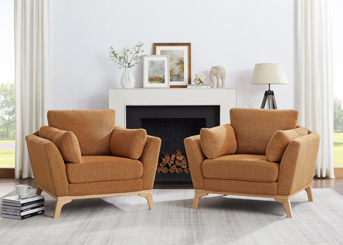 Large-Sized Accent Chair, Thick Cushion Bedroom Reading Chair, Comfortable Living Room Single Sofa， Boucle Curry