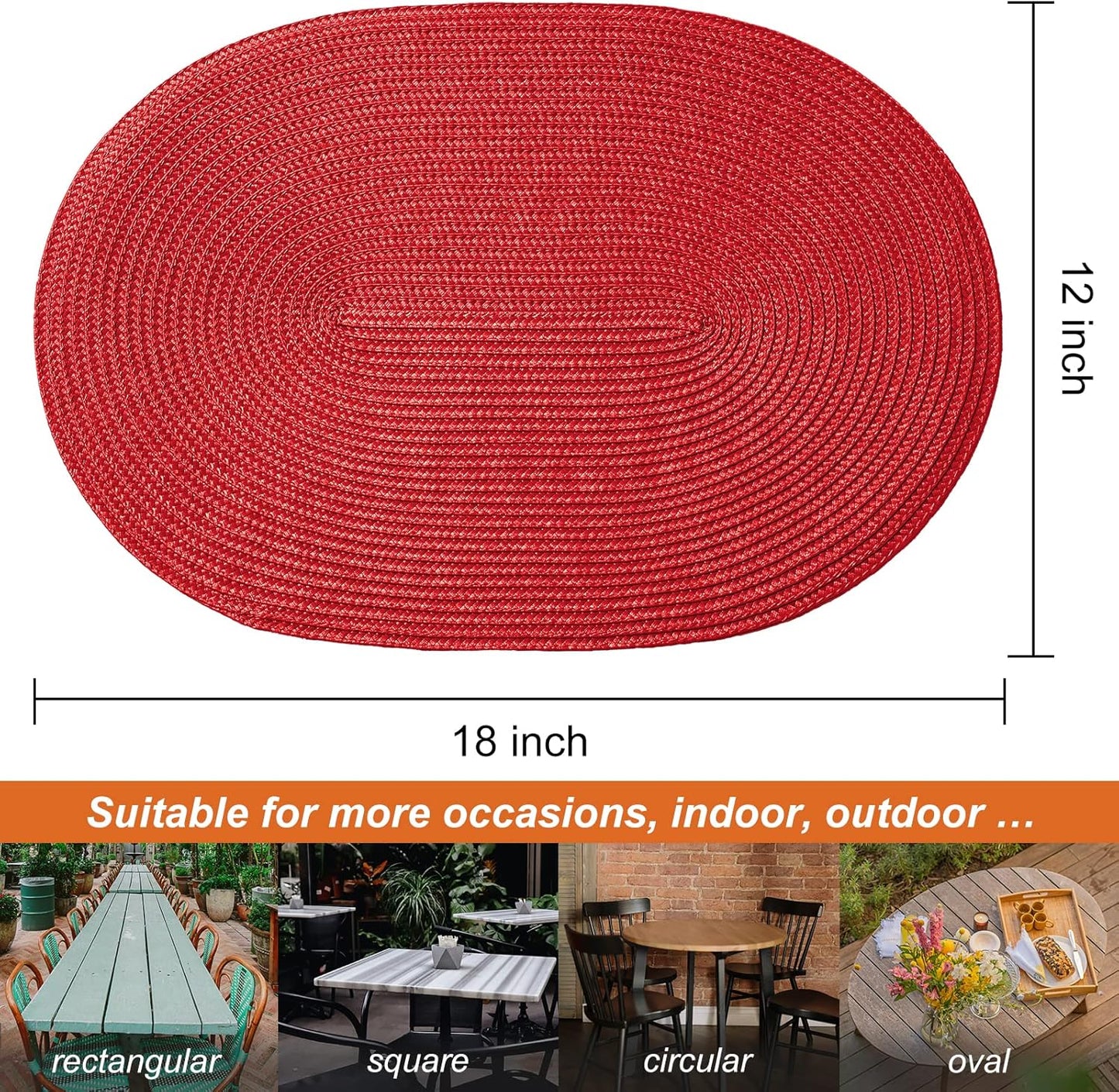 AHHFSMEI Placemats Set of 6 for Dining Table Washable Woven Vinyl Non-Slip 18x12 inches Placemat Heat-Resistant Durable Table Mats for Dining Table Easy to Clean (Oval red, 6)