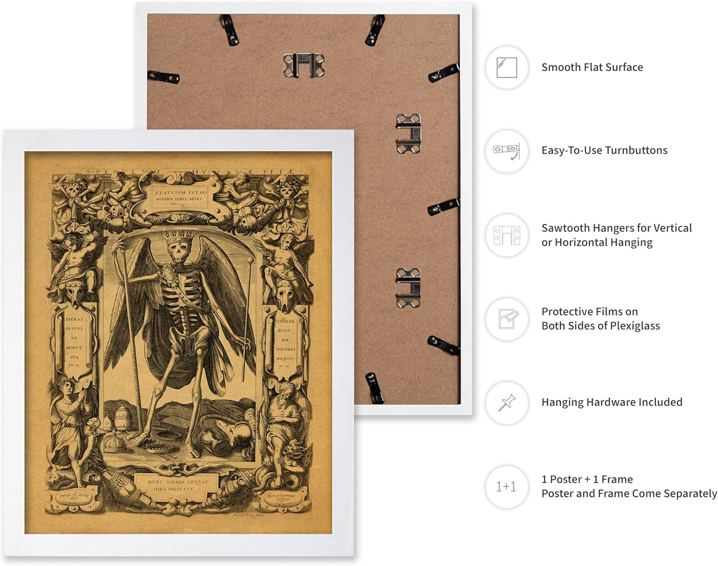 Poster Master Vintage Medieval Poster - Retro Gothic Print - Gift for Artist, Friend - Angel of Death, Memento Mori, Life, Skeleton, Dark - Wall Decor for Home, Living Room, 16x20 White Framed