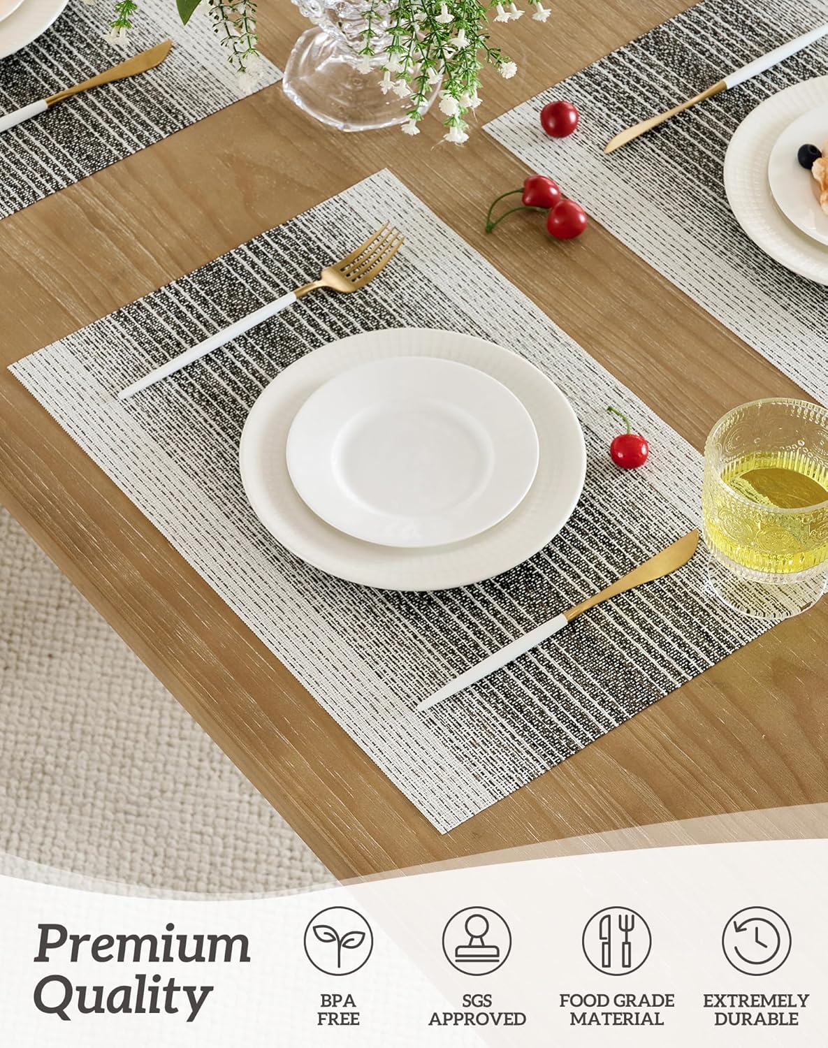 Leetaltree Black with White Woven Placemats Set of 6 - Heat Resistant Non-Slip Place mats for Dining Table, Washable Durable PVC Vinyl Woven Table Mats(Black with White, 6)