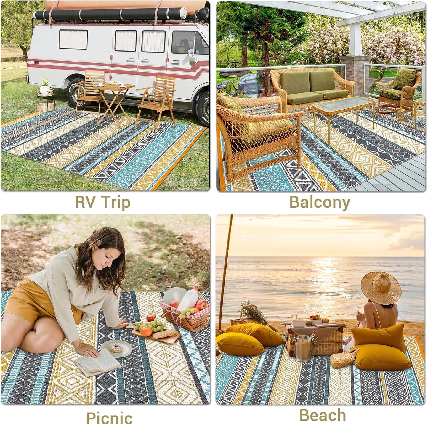 GAOMON Outdoor Plastic Straw Rug, 10'x14' Reversible Sage Green Patio Mat, Flower Modern Design for RV, Backyard, Deck, Camping, Picnic, Teal/Yellow(Bohemia)
