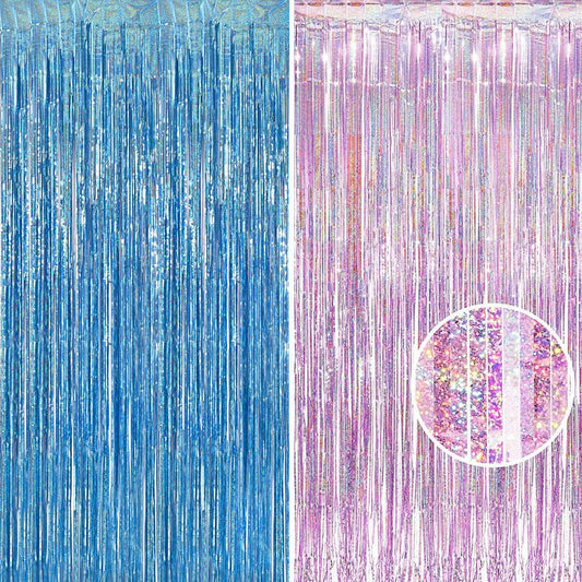 BRAVESHINE Pink Blue Tinsel Foil Fringe Curtains - 2Pcs 3.2x8.2ft Holidays Photo Streamers Backdrop for Easter Girl or Boy Birthdays Bridal Shower Party Supplies Decorations