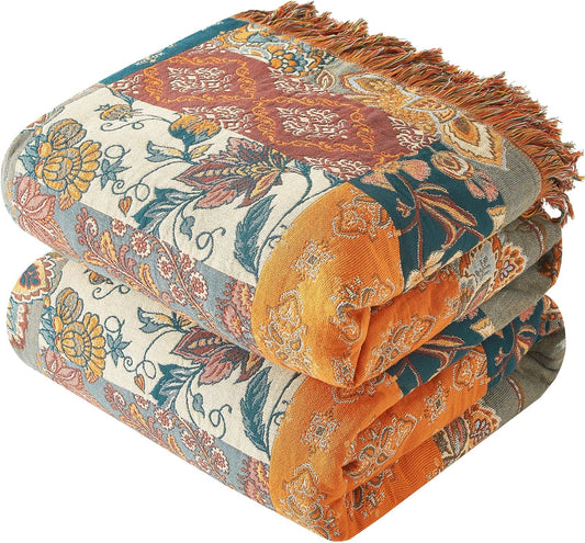 Boho Throw Blanket for Couch Sofa Bed, 100% Cotton Woven Quilt with Tassel 60”x80”, Super Soft Muslin Blanket with Floral Printed, Decorative Reversible Bed Blanket/Cover for All Seasons
