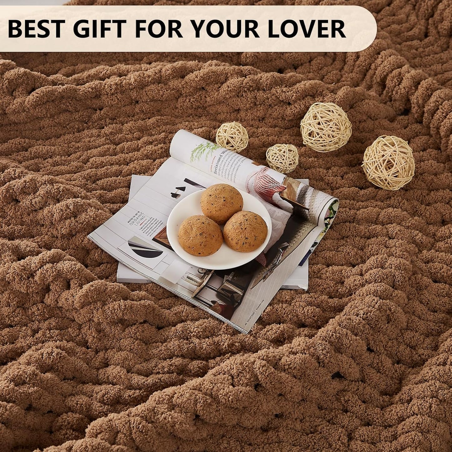 L'AGRATY Chunky Knit Blanket Throw - Soft Chenille Yarn Throw Blanket 40x50： Handmade Thick Cable Knit Crochet Blanke - Large Knit Blanket Chunky Rope Knot Throw Blanket for Couch Sofa Bed Home Decor