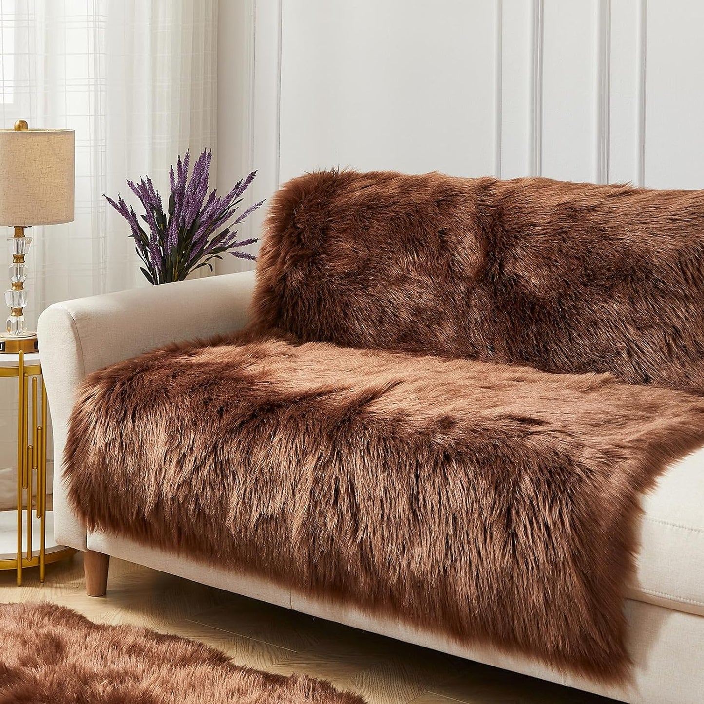 AMTOVO Faux Fur Sheepskin Rug for Living Room, 4 x 6 ft Coffee Fluffy Area Rug for Bedroom, Playroom, Luxury Room Decor, Rectangle