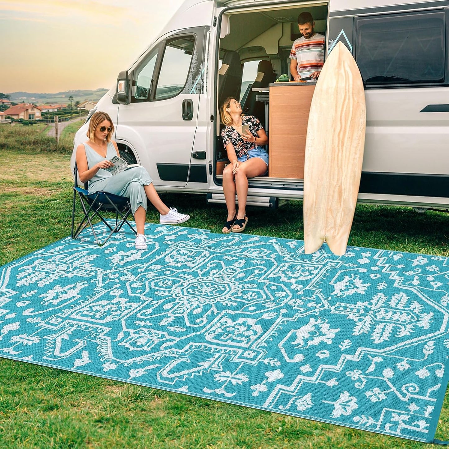 Outdoor Rug 9x12 Waterproof Reversible Plastic Straw Patio Rug, Stain-Resistant Vintage Medallion Carpet, Large Easy-Cleaning Indoor Outdoor RV Mat for Deck, Camping, Balcony, Light Blue/White