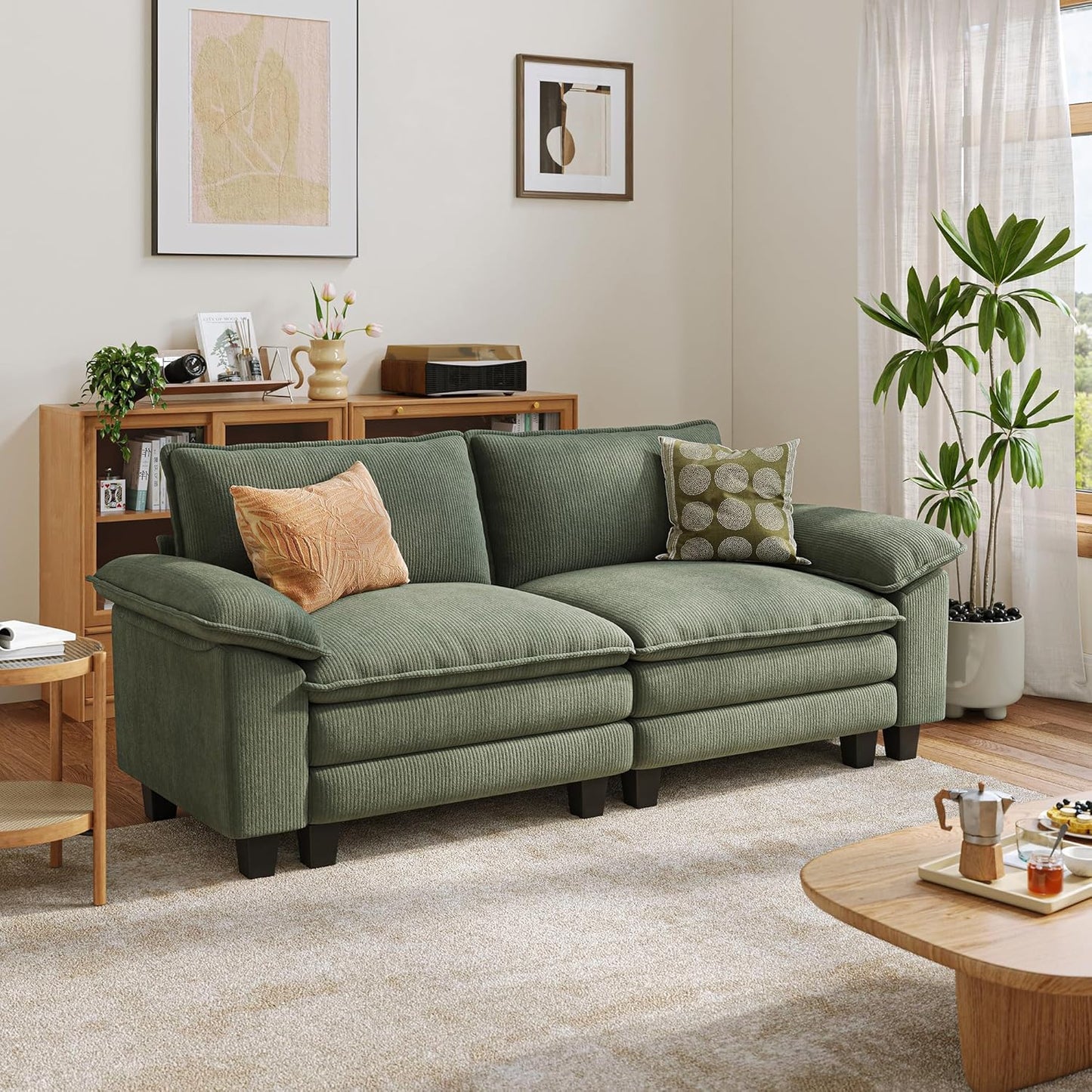LINSY HOME Sectional Loveseat Sofa - 90'' Oversized Corduroy Cloud Couch Soft Modern Comfy Green Loveseat Couch Deep Seat Couches for Living Room Bedroom Apartment Office, Green