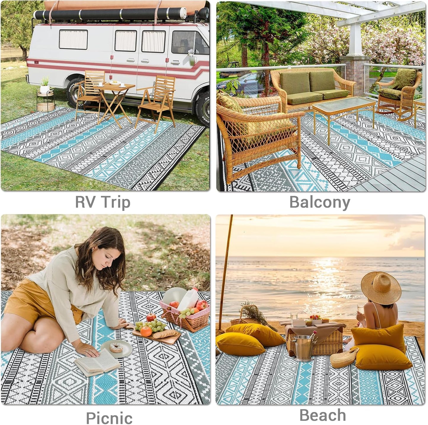 GAOMON Outdoor Rug Waterproof 8'x10', Reversible Outdoor Plastic Straw Rug, Boho Patio Rug, Indoor Outdoor Carpet, RV Mat Outside for Patio, Camp, Picnic, Balcony, Deck, Blue/Grey(Bohemia)