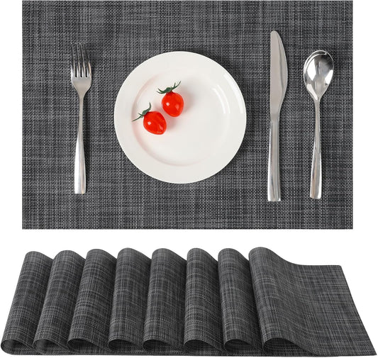 Myir JUN Placemats Set of 8, Vinyl Woven Placemats Place Mats Indoor Set of 8 Washable Table Mats Non-Slip Place mats for Dining Table (Dark Gray-Black, Set of 8)