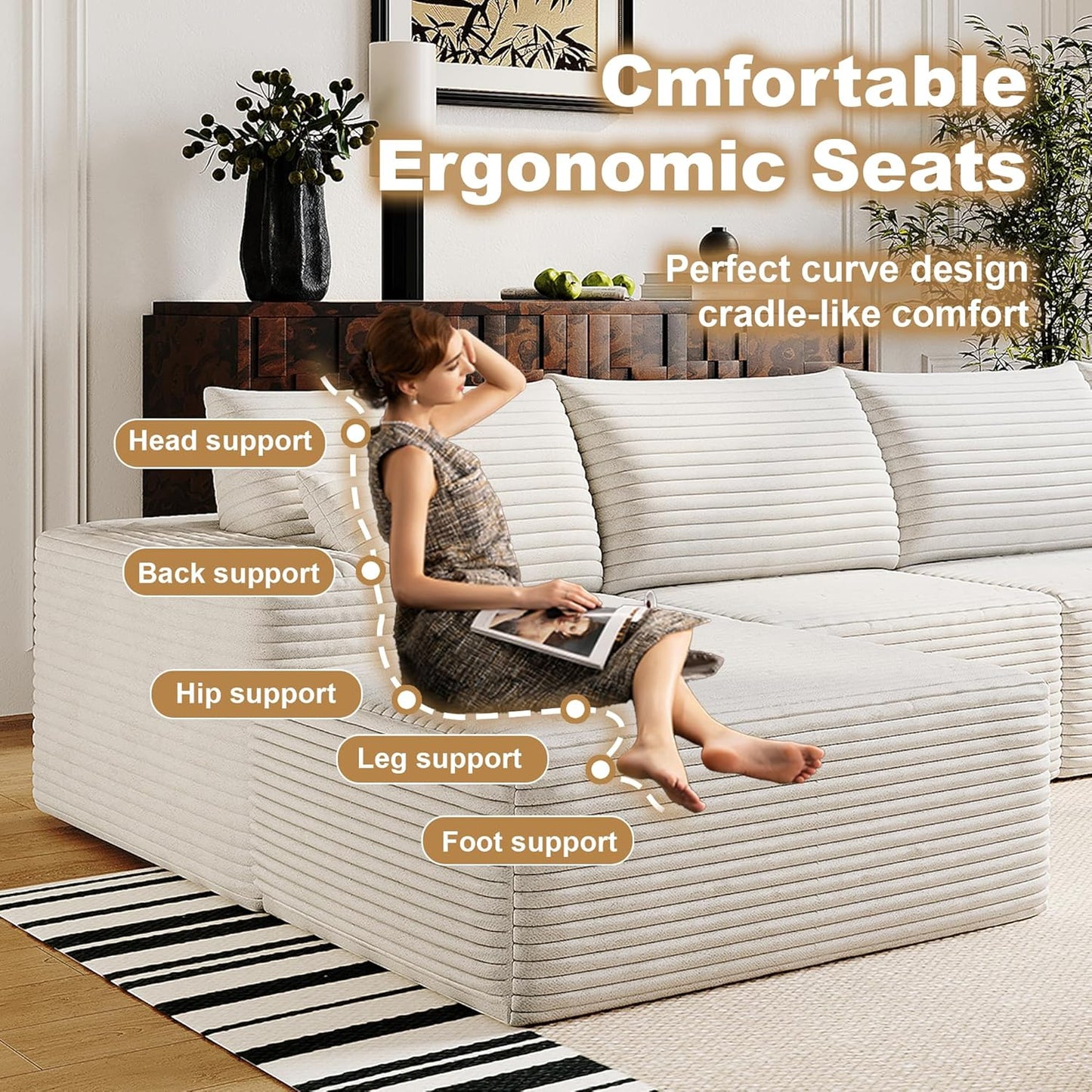 136" Sectional Couches for Living Room Modern Modular Sofa with L-Shape Couchs Upholstered Boneless Couch Deep Seat Sectional Couch with Chaise (White, Left Facing Chaise+3Seaters)