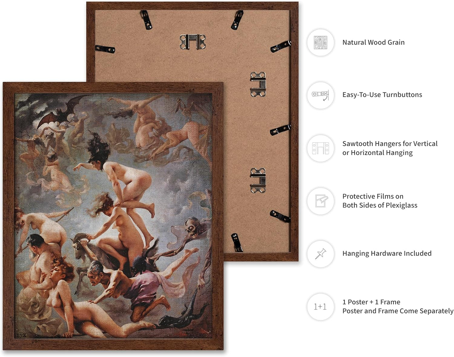 Poster Master Vintage Luis Ricardo Falero Poster - Retro Occult Print - Gift for Gothic, Horror Fan - Witches Going to their Sabbath, Pagan - Wall Decor for Bedroom, Dorm, 8x10 Brown Framed