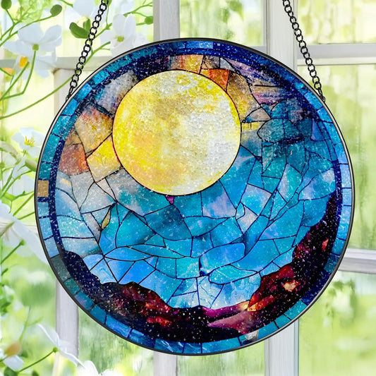 Stained Glass Window Hanging - 8 Inch Full Moon Suncatcher for Window Doors Home Decoration, Valentine's Day Mother's Day Christmas Birthday Gifts for Women, Men, and Mom Grandma