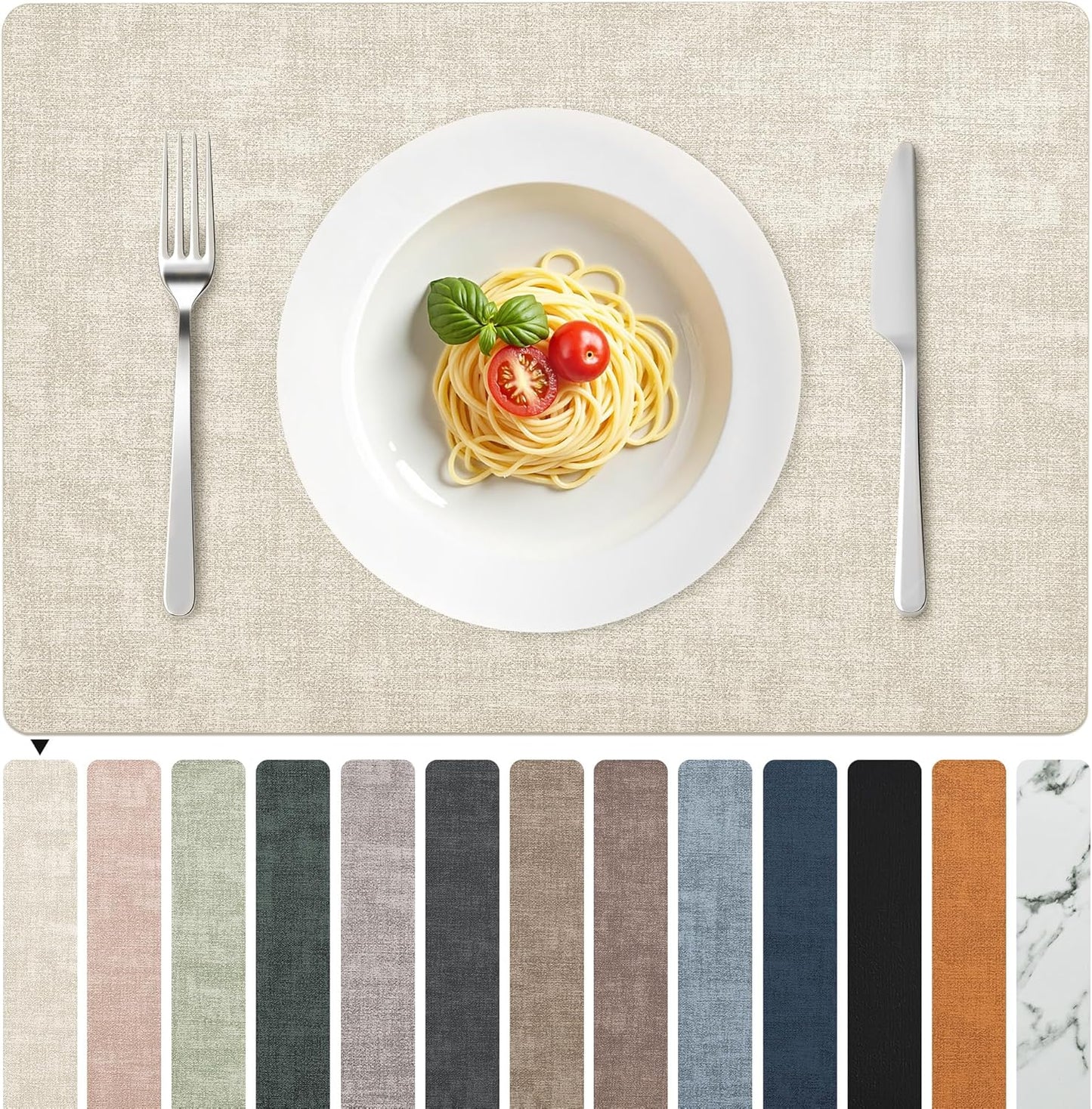 FROMHEART Faux Leather Placemats Set of 6–Waterproof,Heat/Oil Stain-Resistant PU Table Mat–Reversible,Non-Slip,Easy to Clean Place Mats for Kitchen,Dining,Indoor/Outdoor,(Beige,11.8" x 17")