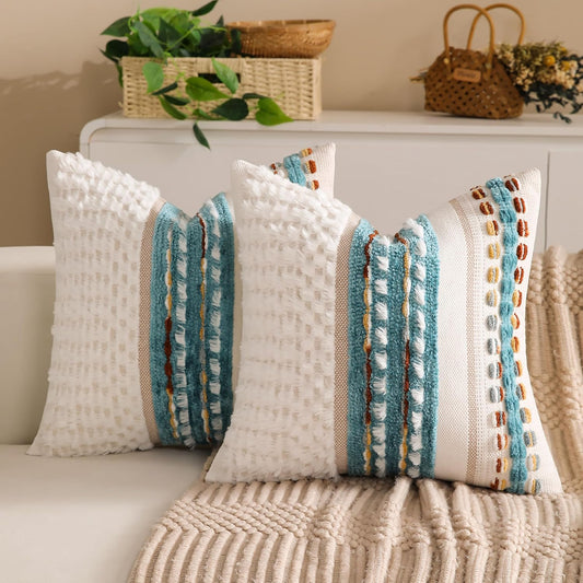 Boho Chenille Tufted Couch Throw Pillow Covers 18x18 Inch Set of 2 Farmhouse Striped Decorative Pillow Covers Accent Neutral Pillowcase Teal Cushion Cover for Living Room Sofa Bed