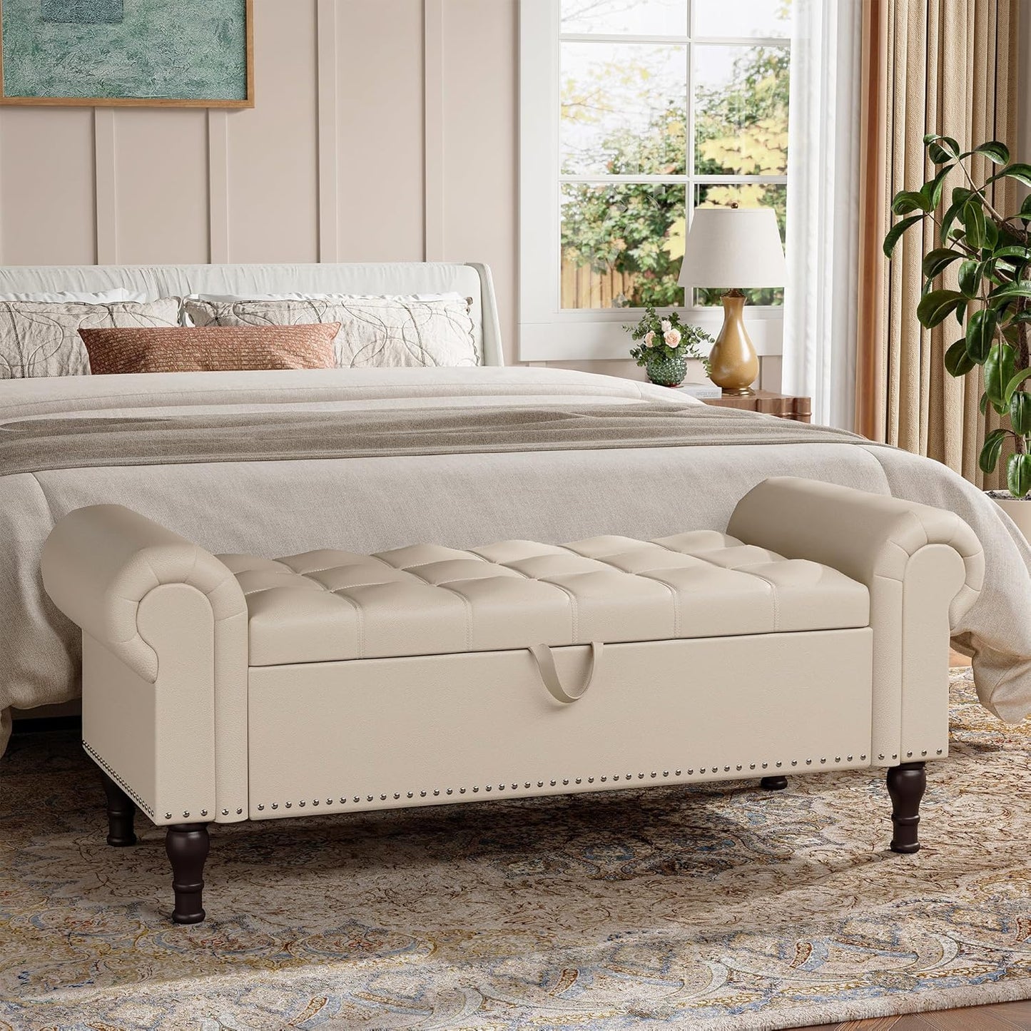 51" Storage Ottoman Bench for Bedroom, Full Queen Storage Bench with Button, Upholstered Bedroom Bench with Rolled Arms for Living Room, Storage Room, Entryway, Beige+Brown Legs