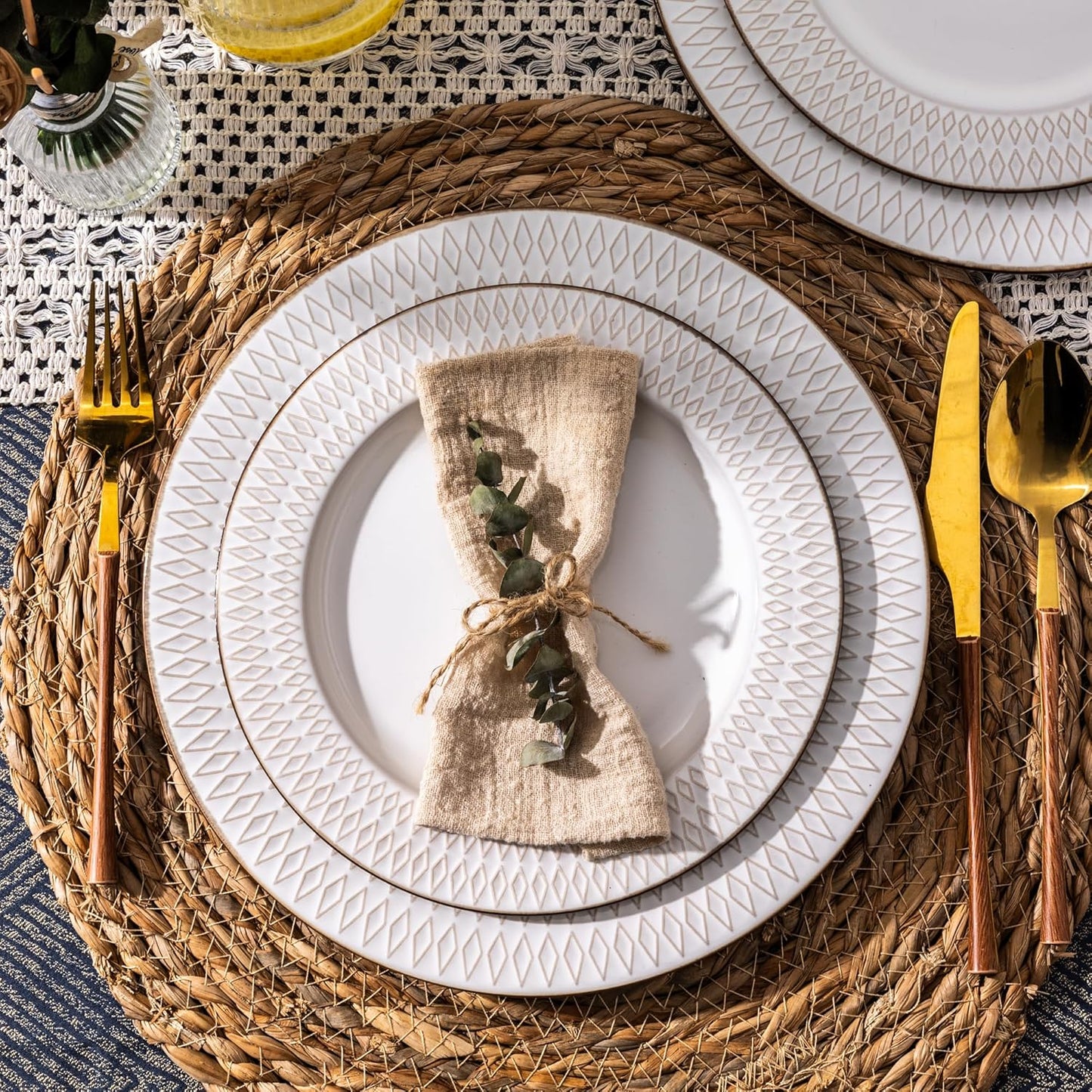 GBHOME Ceramic Dinnerware Sets,12 pcs Embossed Elegant Stoneware Plates and Bowls Sets, Housewarming Wedding Gift | Dishwasher & Microwave Safe | Dishes Set Service for 4