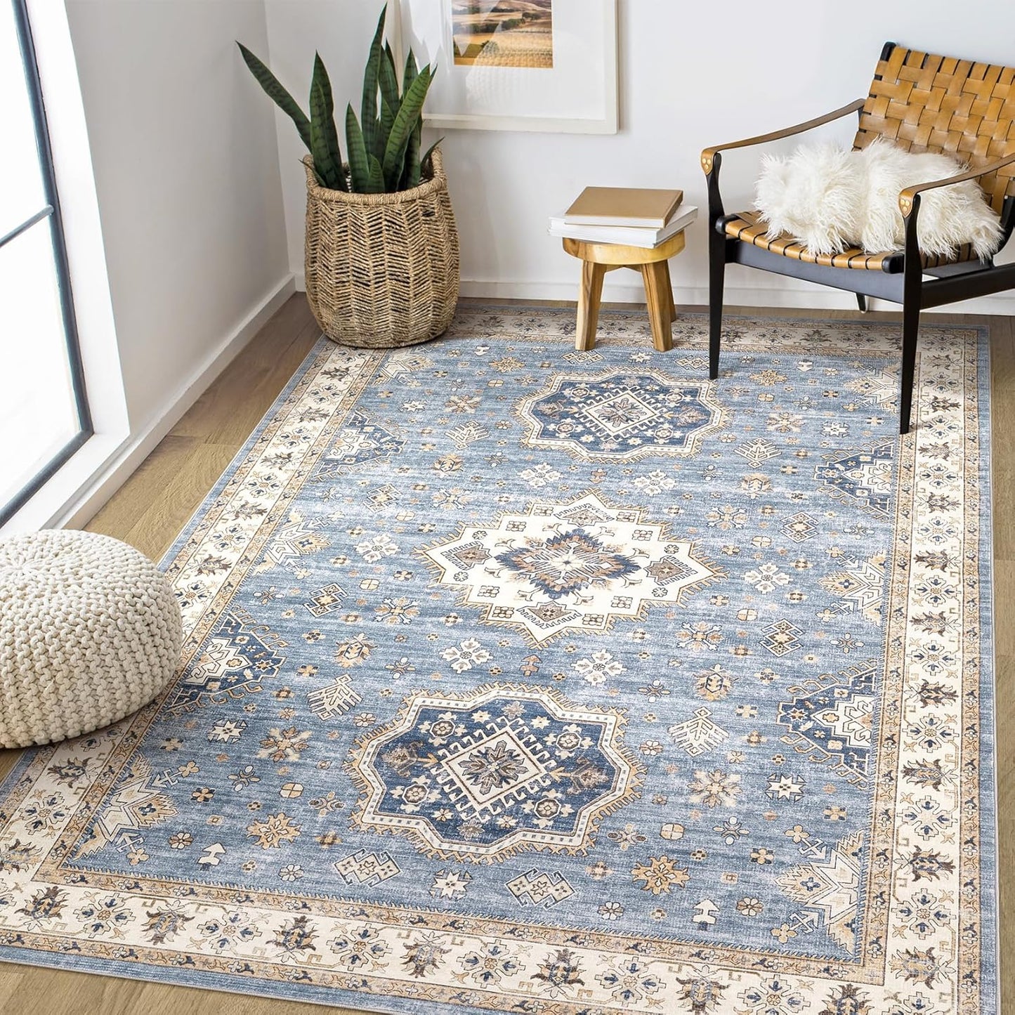 Washable Area Rugs for Living Room - 6x9 Neutral Vintage Distressed Floral Farmhouse Boho Large Soft Floor Rug Indoor Non Slip Carpet for Living Room Bedroom Dining Room Office - Blue