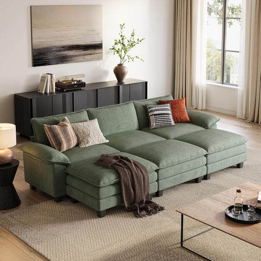 LINSY HOME Sectional Sleeper Sofa - 123'' Modular Cloud Couch Oversized Corduroy Sofa Bed with Movable Ottoman Soft Modern Comfy Couch for Living Room Apartment Office, Green