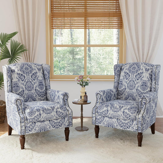 Lumibee High Back Accent Chair Set of 2, Armchair in Fabric,Comfy Upholstered Wingback Single Sofa Reading Chairs with Solid Wood Legs for Living Room,Bedroom,Office-Navy