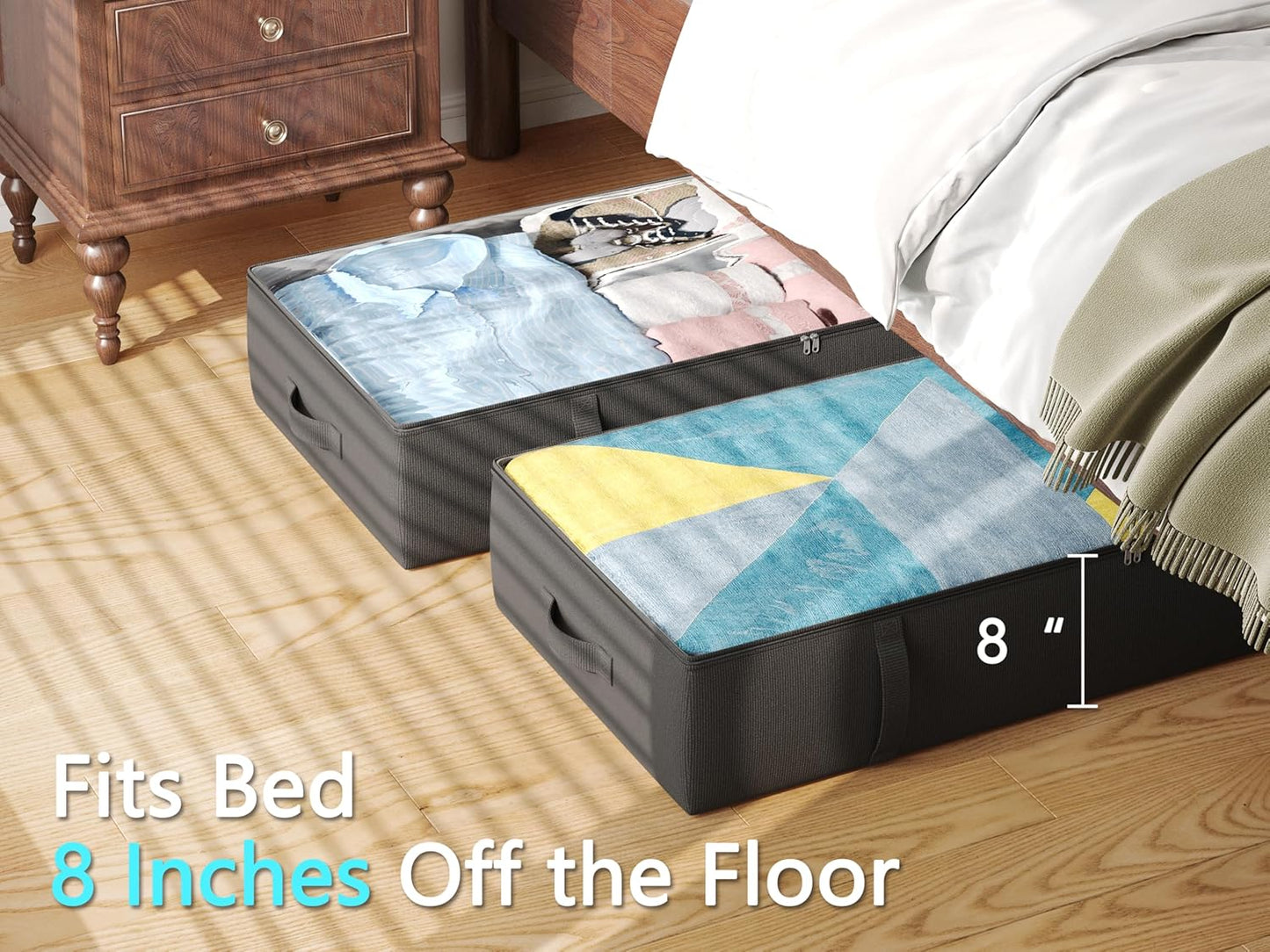 2-Pack Under Bed Storage Containers, 8 Inches Tall Underbed Clothes Storage Organizer Bin with Sturdy Sidewalls/Bottom, Under the Bed Storage Bags 2 Storage Bins, Black