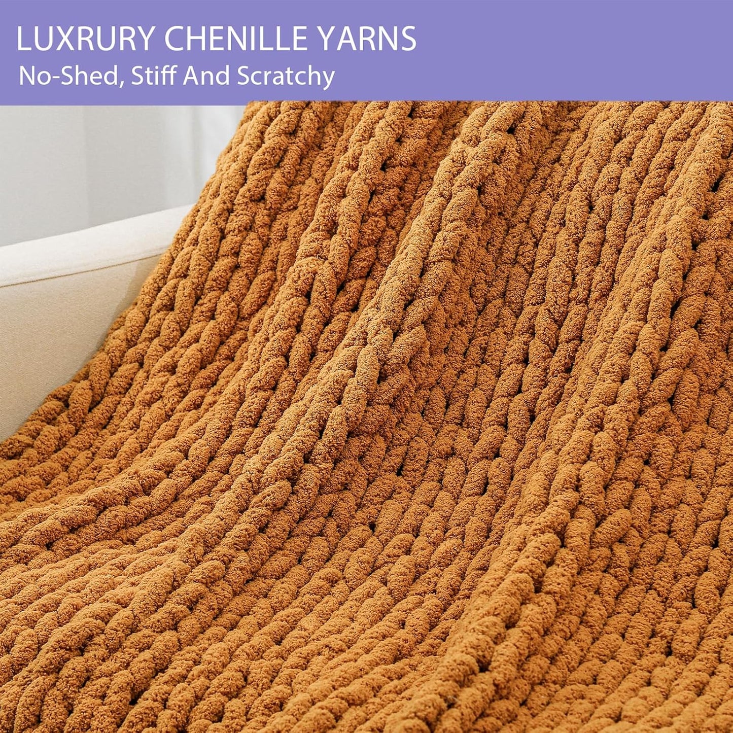 Bigacogo Chunky Knit Throw Blanket for Couch, 40x60 inches, 100% Hand Knitted with Thick Jumbo Chenille Yarn, Cozy Soft Large Rope Knot Cable Crochet Blankets for Sofa Bed Living Room, Burnt Orange