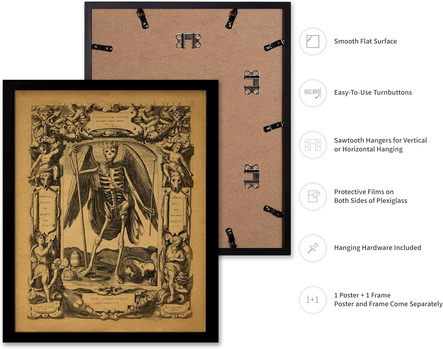 Poster Master Vintage Medieval Poster - Retro Gothic Print - Gift for Artist, Friend - Angel of Death, Memento Mori, Life, Skeleton, Dark - Wall Decor for Home, Living Room, 8x10 Black Framed