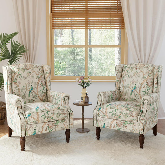 Lumibee Wingback Accent Chair, 2 Set High Back Floral Armchairs in Fabric,Comfy Upholstered Reading Single Sofa Chairs with Solid Wood Legs for Living Room,Bedroom,Office-Bird