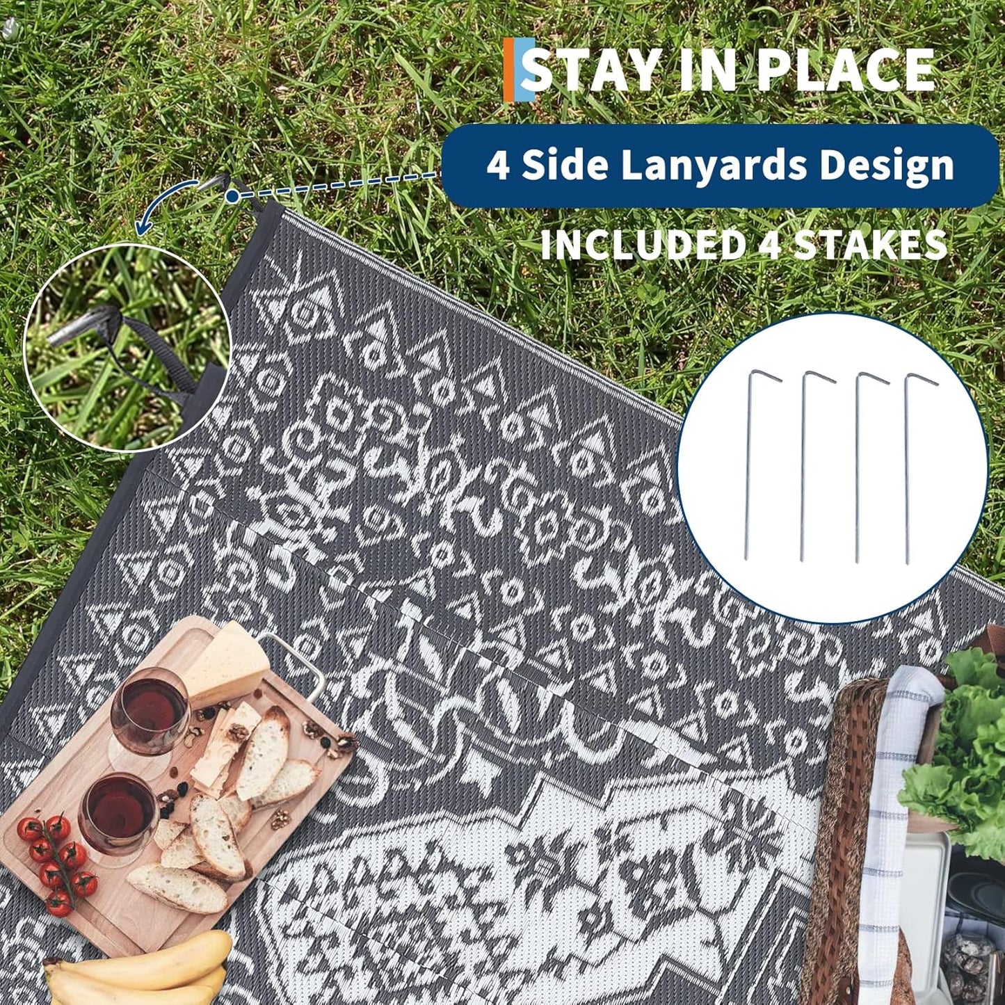 GAOMON Outdoor Patio Rug 9x12 Waterproof Reversible Plastic Straw Rug, Large UV-Resistant Portable RV Camping Mats, Indoor Outdoor Rugs for Outside Deck Porch Garden RV, Gray & White