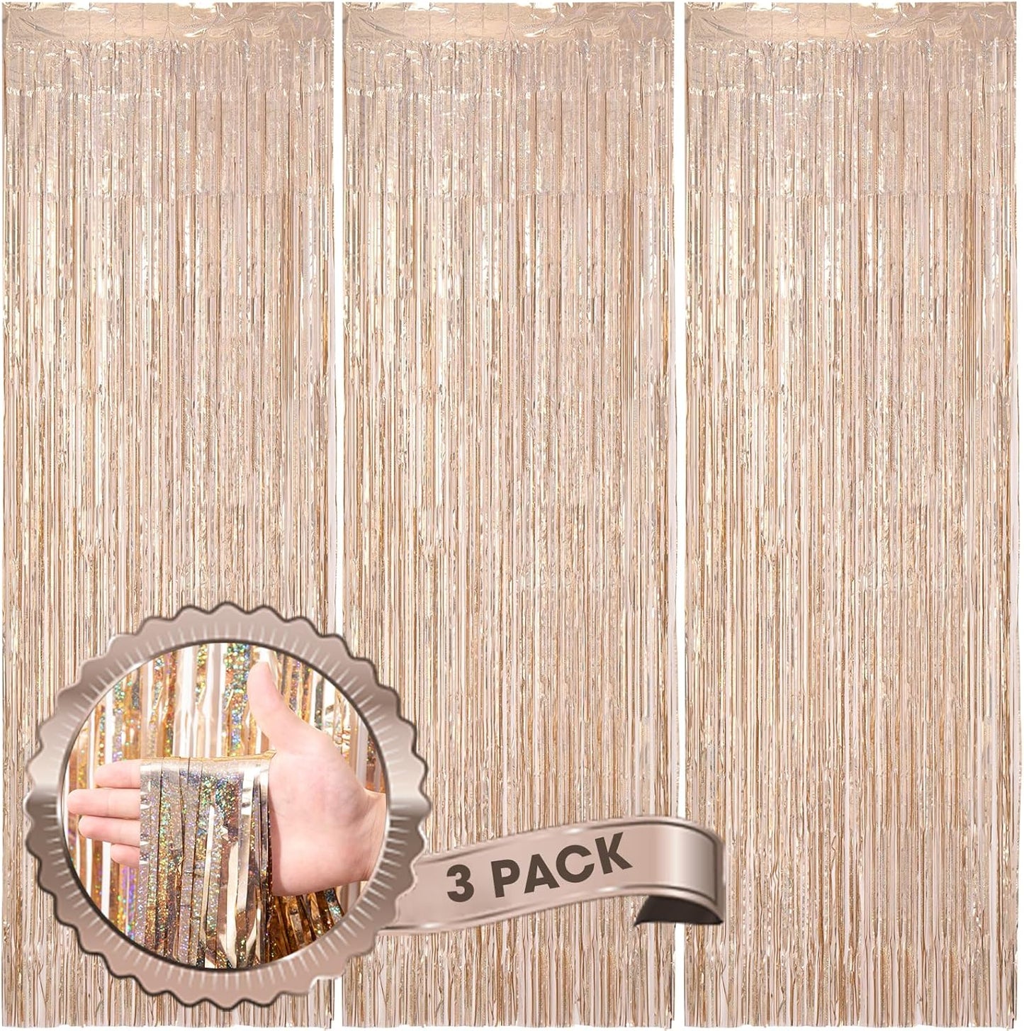 3 Pack 3.3 x 8.2 ft Laser Champagne Foil Fringe Backdrop Curtains, Tinsel Streamers Birthday Party Decorations, Fringe Backdrop for Graduation, Baby Shower, Gender Reveal, Disco Party