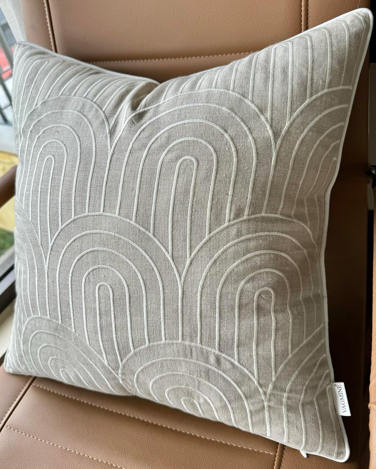 VAGMINE Embroidered Geometric Throw Pillow Cover - 18x18 Inches Square - 100% Linen Natural Decorative Cushion Cover - Elegant Embroidery - Minimalist Accent for Sofa, Bed, Couch, Farmhouse Décor