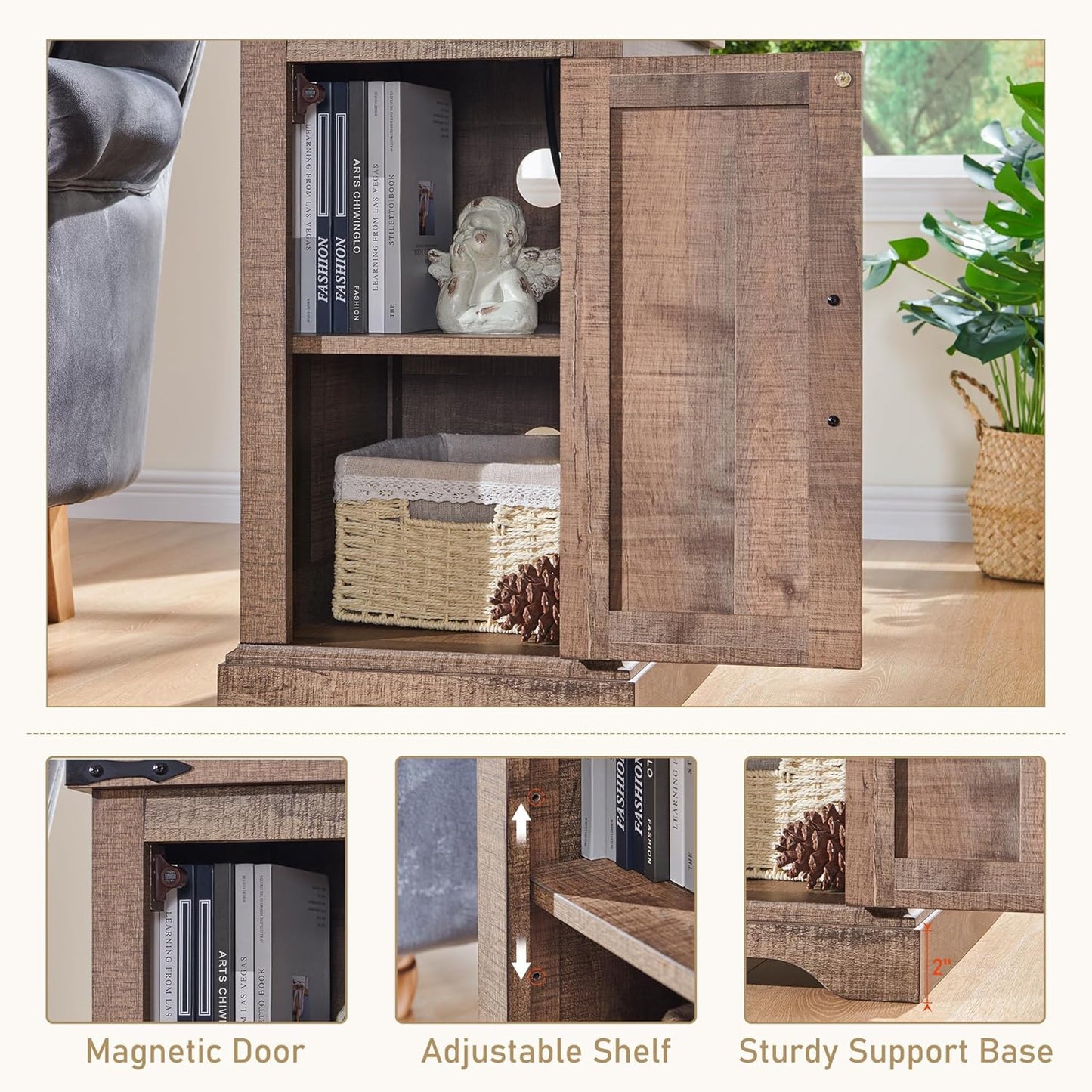 JXQTLINGMU Nightstand with Charging Station, Rectangular Farmhouse End Table with Barn Door and Adjustable Storage Shelf, 17" Deep Wood Rustic Sofa Side Table for Living Room, Bedroom, Light Brown