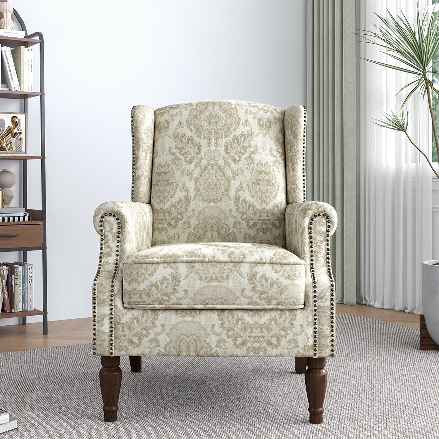 Lumibee Wingback Accent Chair,High Back Floral Armchairs in Fabric,Comfy Upholstered Reading Single Sofa Chair with Solid Wood Legs for Living Room,Bedroom,Office-White