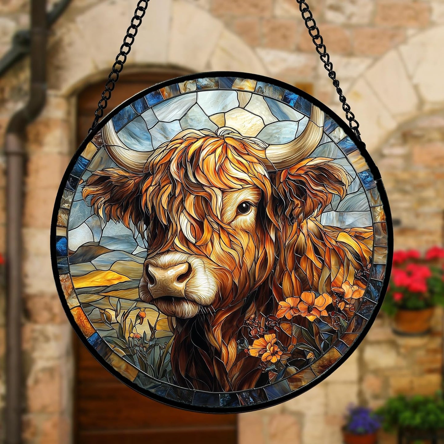 Stained Glass Window Hanging - Funny Cow Flower Suncatcher Ready to Hang Window Doors Home Decoration and Christmas, Mother's Day Birthday Gifts for Women, Men, and Mom 7.8x7.8 in