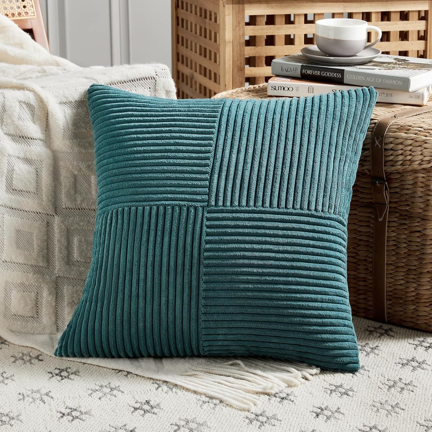 Fancy Homi 2 Packs Teal Decorative Throw Pillow Covers 18x18 Inch for Living Room Couch Bed Sofa, Rustic Farmhouse Boho Home Decor, Soft Corss Corduroy Patchwork Textured Square Cushion Case 45x45 cm