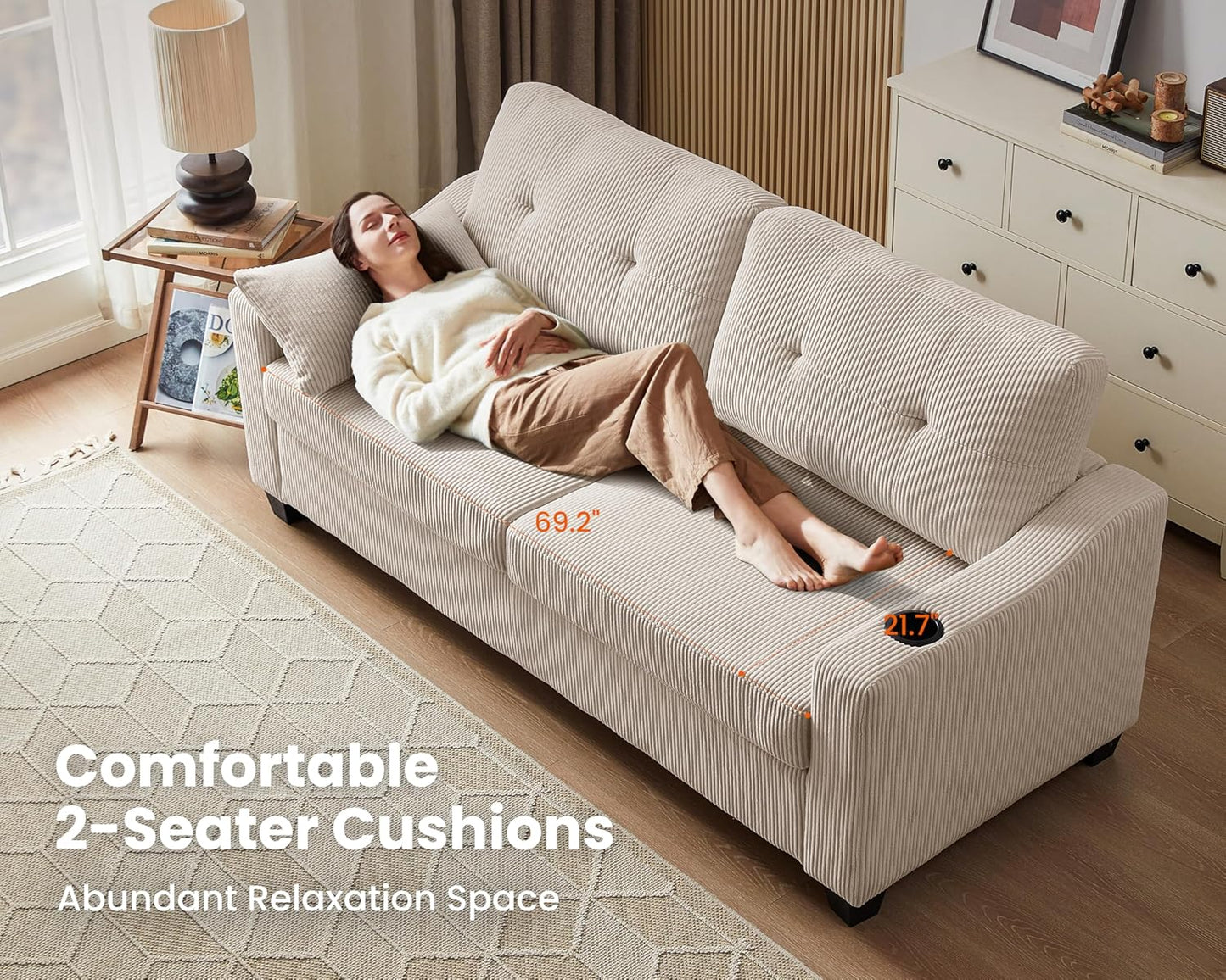 Pull Out Sofa Bed, Full Size Sleeper Sofa, 2-in-1 Convertible Corduroy Couch with USB Charging, Memory Form Couch for Living Room, Apartment and Small Space (Corduroy Beige, Queen Size)