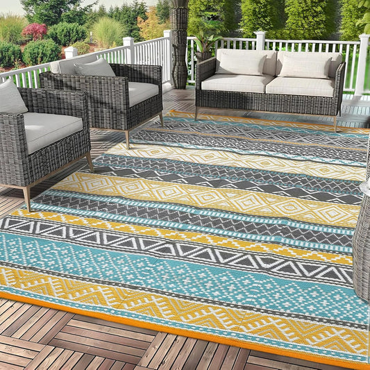 GAOMON Outdoor Rug 9'x12' Waterproof Rug for Patio Decor, Foldable Reversible Plastic Straw Area Rugs Mat for Camper, Outside Carpet for Deck, Porch, Picnic, Beach, Teal/Yellow(Bohemia)