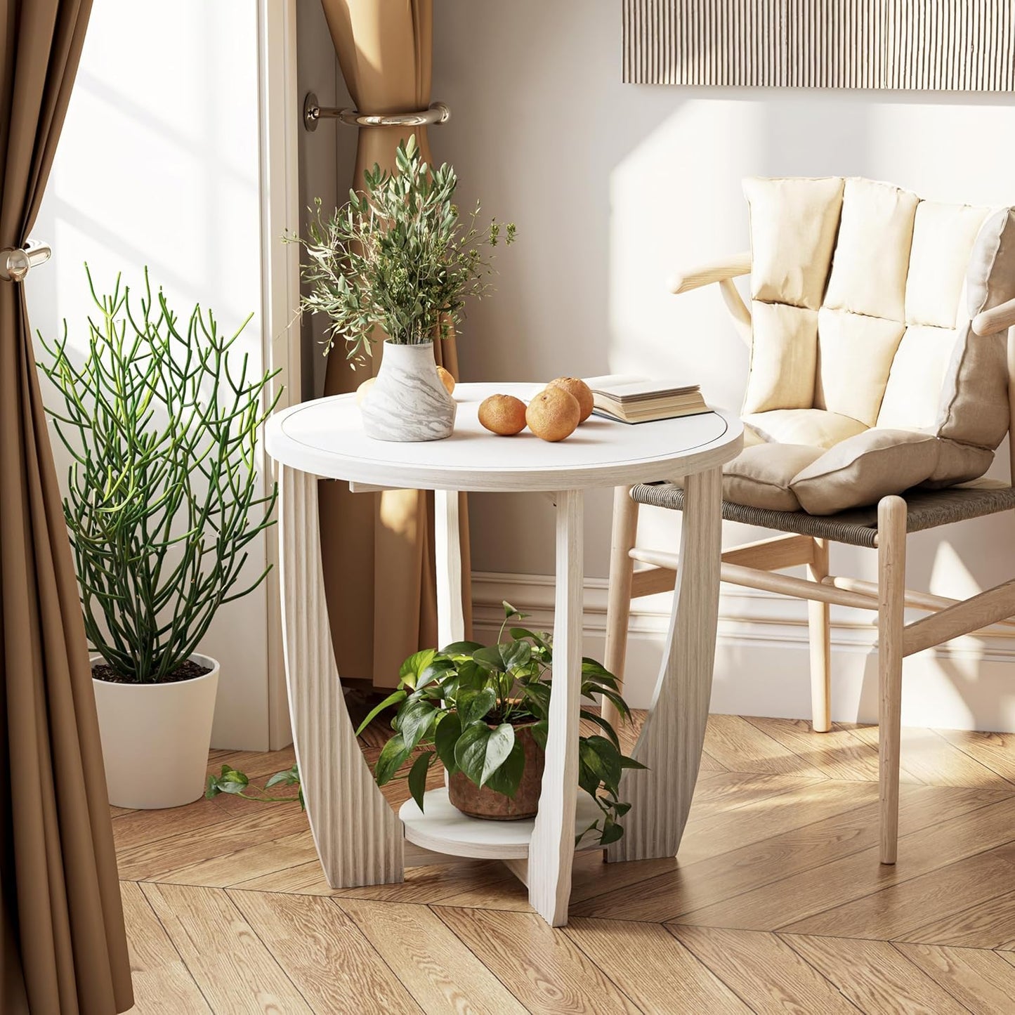 Rustic Farmhouse end Table X 2P with Storage Shelf, French Country Accent Side Table for Family, Dinning or Living Room, Small Spaces, Modern, Round, White