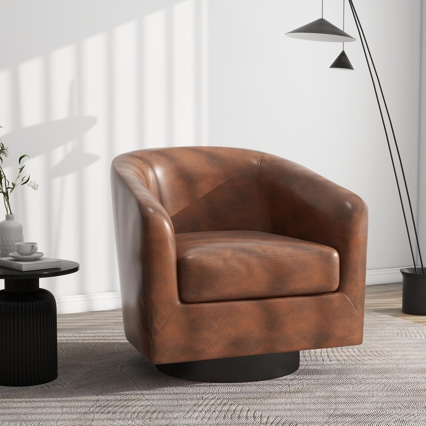 Swivel Barrel Accent Chair, Modern Round Faux Leather Arm Chair for Living Room, Bedroom, Comfy Club Reading Chairs for Adults(Faux Leather, Coffee, Set of 2)