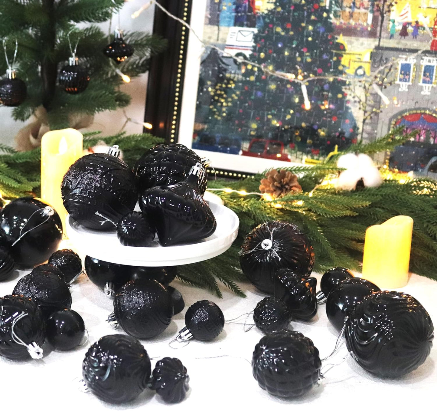 Christmas Ornaments Set with 36pcs Shatterproof Christmas Tree Decorations Multi-Size Christmas Ball Ornaments with 7 Styles Black