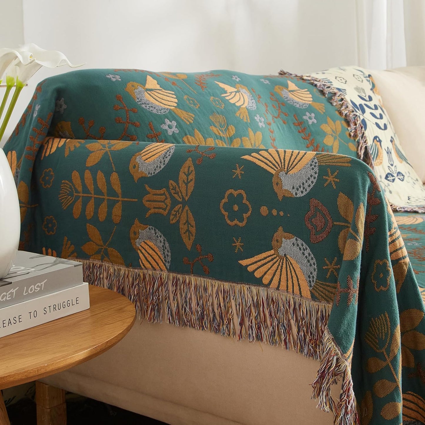 Boho Throw Blanket for Bed 90”x98”, 100% Cotton Woven Blanket for Couch Sofa, Ultra Soft 4-Layer Muslin Quilt with Bird Floral Printed, Farmhouse Bed Blanket/Cover for Living Room Decor