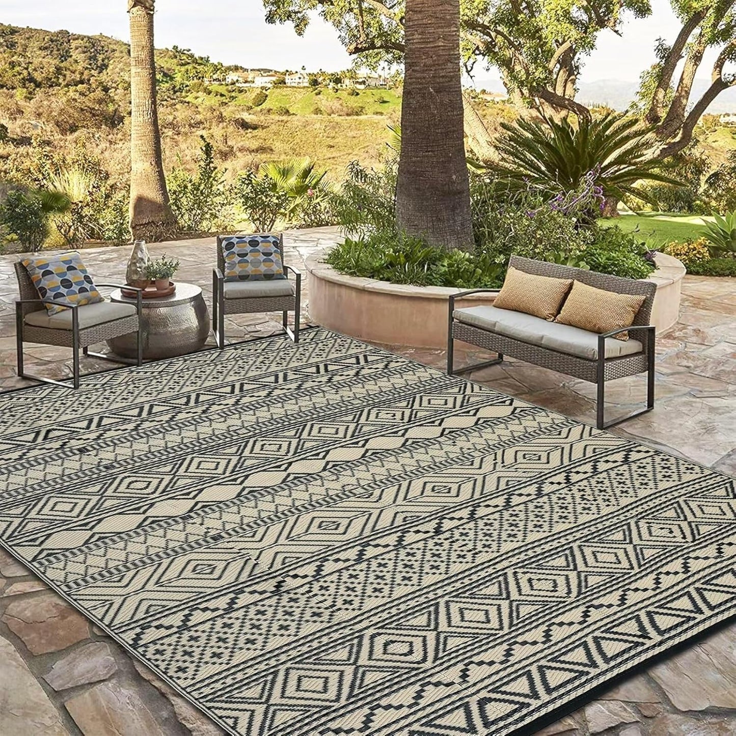 GAOMON Outdoor Rug for Patio Clearance 5x8 Reversible Plastic Straw Patio Rug for Camping Stain & UV Resistant RV Mats for Porch, Deck, Backyard, Camper, Balcony, Picnic, Black&Brown