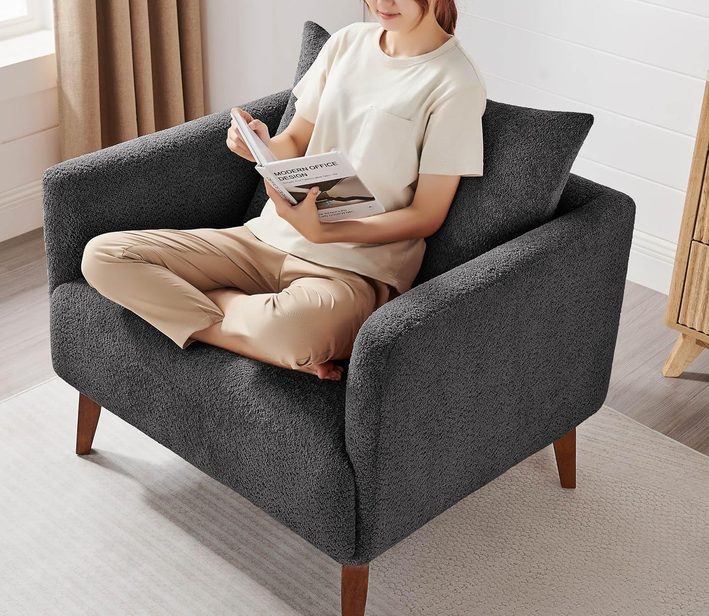 Oversized Accent Chair Modern Boucle Armchair for Living Room- 37" Wide Accent Chair with Solid Wood Legs, Dark Gray Upholstered Lounge Chair for Bedroom & Office, Cozy Reading Chair (Easy Assembly)
