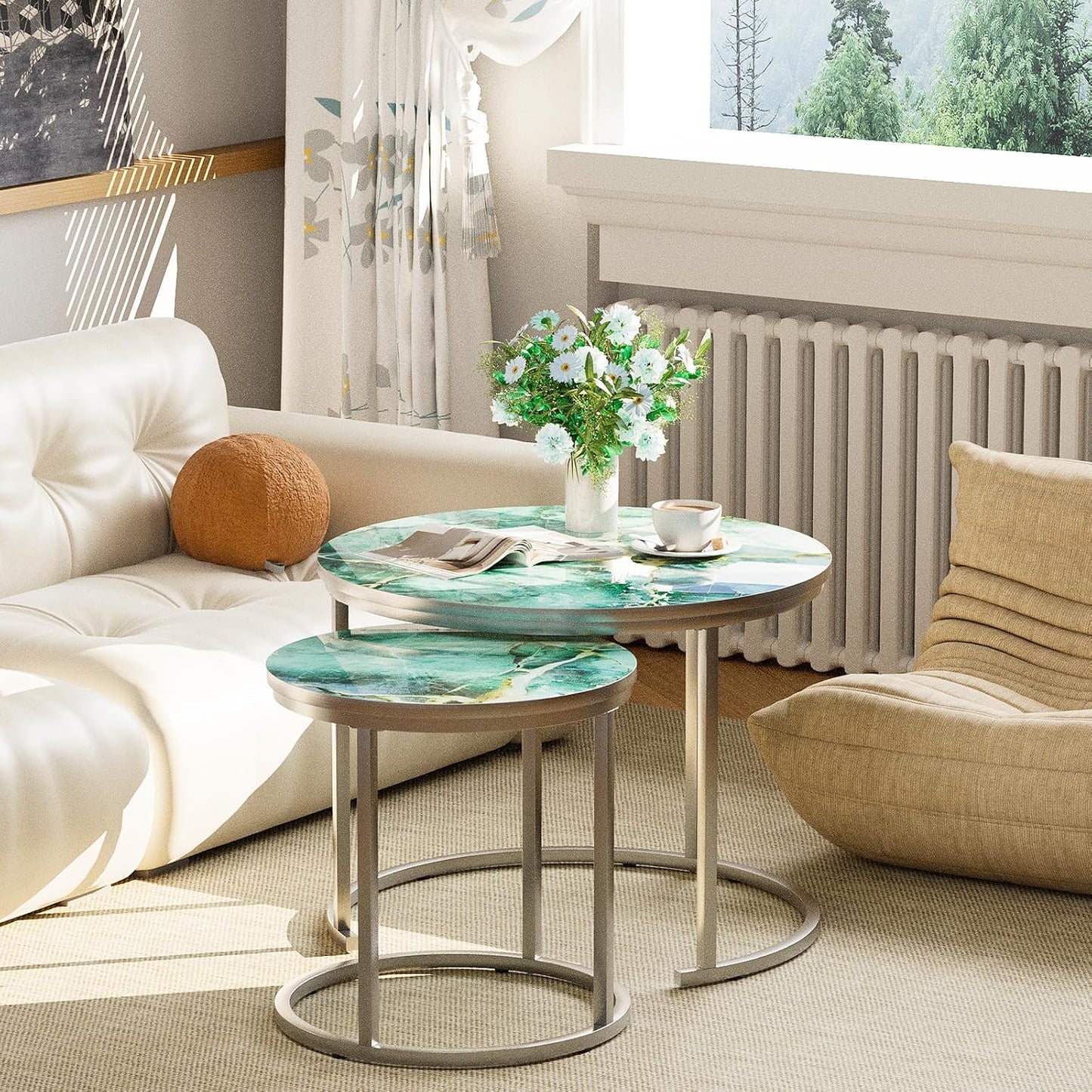 aboxoo Coffee Table Nesting Side Round Set of 2 End Table Green Art Table Top Sturdy Metal Frame Desk Centerpiece Living Room Bedroom Apartment Modern Industrial Simple Nightstand